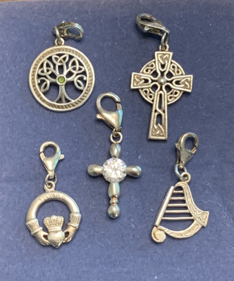 Solvar Jewelry Irish Clip On Charms Claddagh Celtic Cross Harp Tree of Life .925
