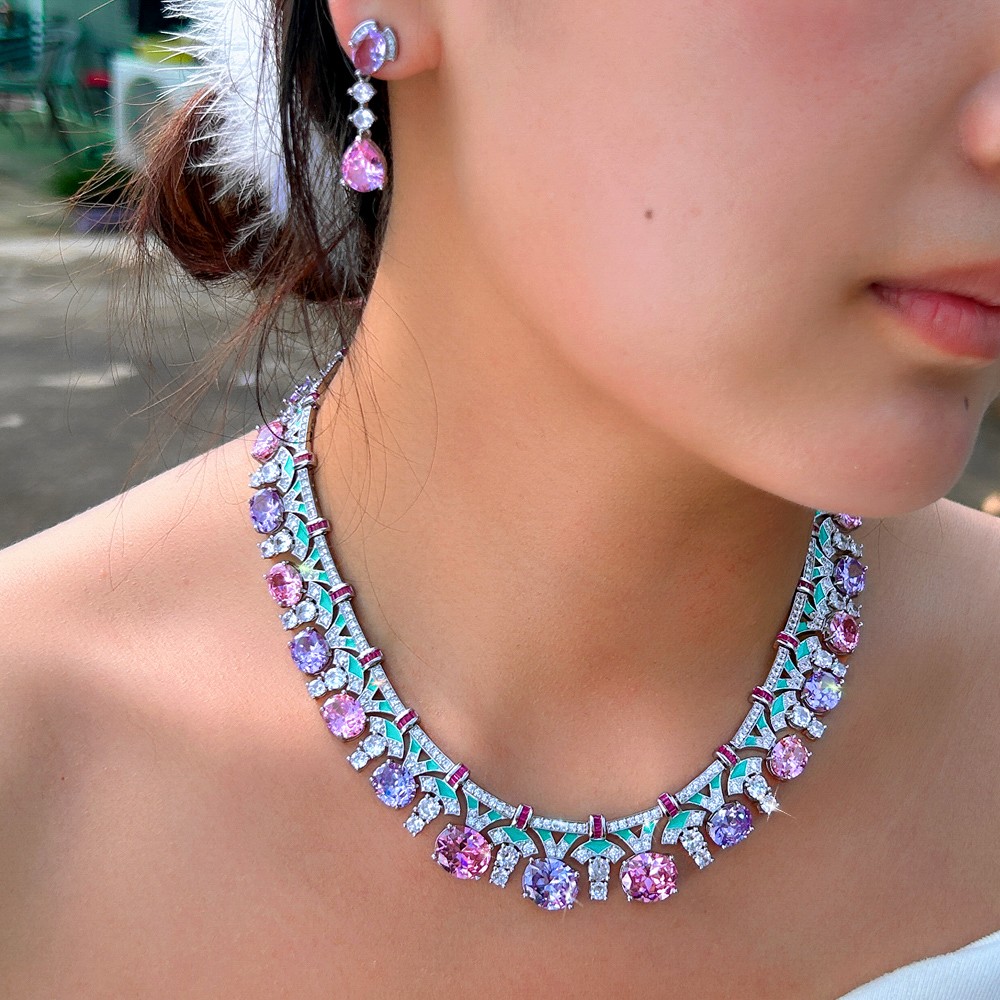 Silver Plated CZ Purple Pink Oval Shaped Wedding Necklace Earrings Jewelry Set