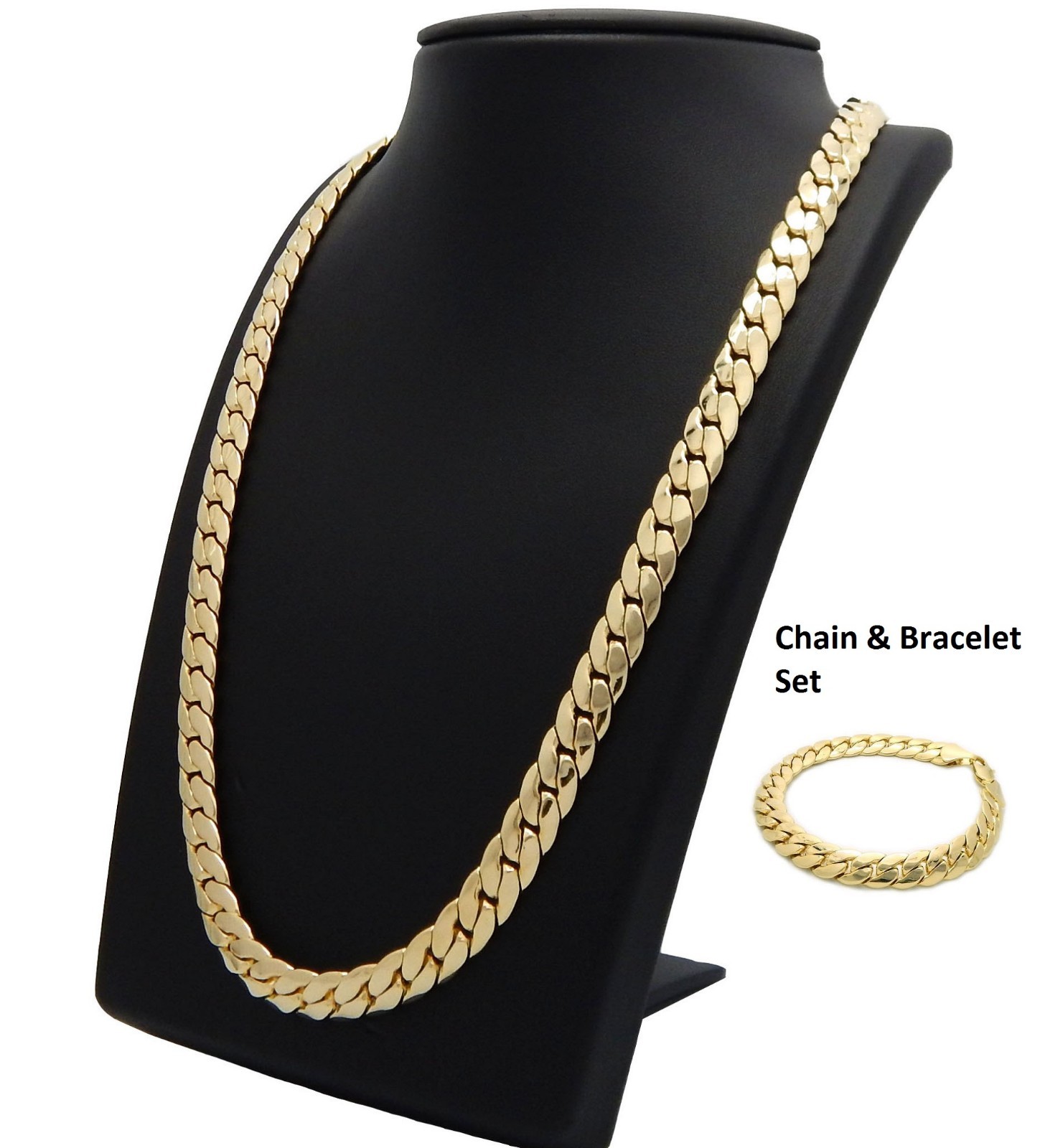 14k Mens Miami Cuban link Chain & Bracelet Set 10mm Gold Plated Necklace