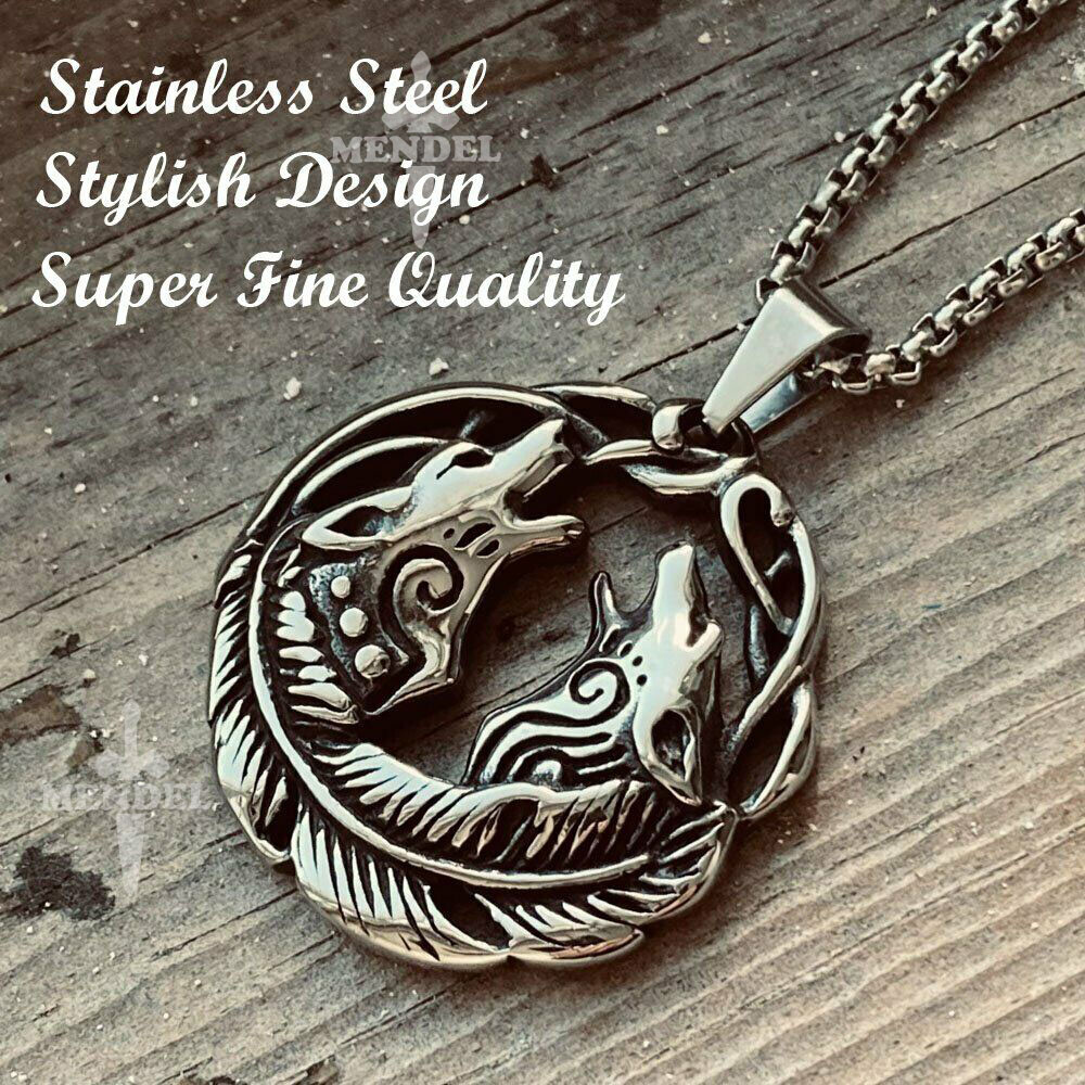 MENDEL Mens Girls Stainless Steel Couple Love Viking Wolf Pendant Necklace Women