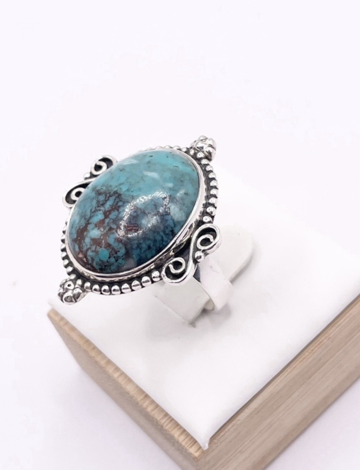 Tibetan Turquoise Oval Bezel Statement 925 Sterling Silver Ring Band Size 8.5