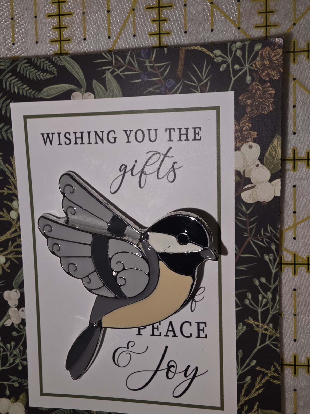 Black Capped Chicadee Enamel Pin 2.5″ On Greeting Card