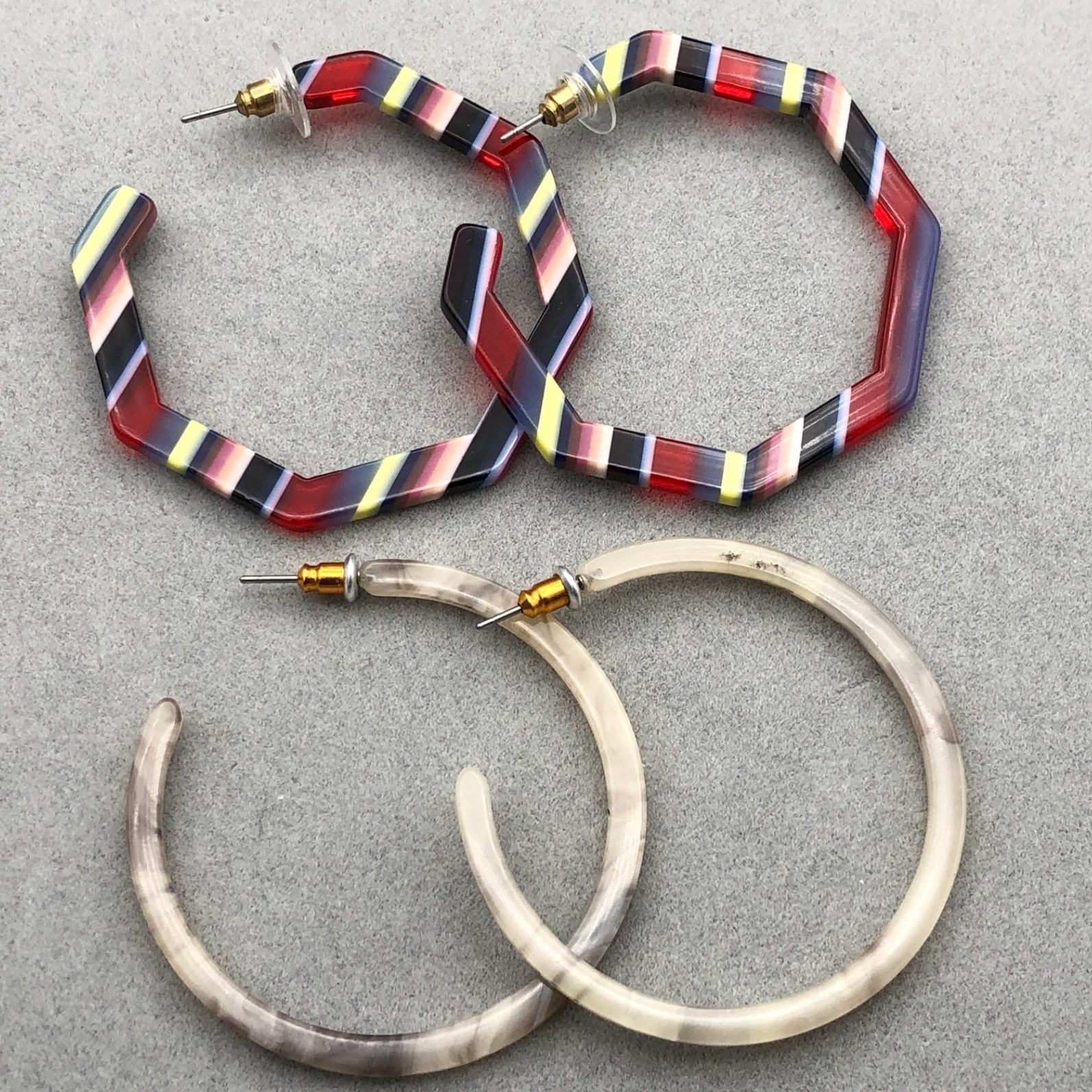 Hoop Earrings Set Multicolor Striped Octagon Cream Marbled Acrylic Resin