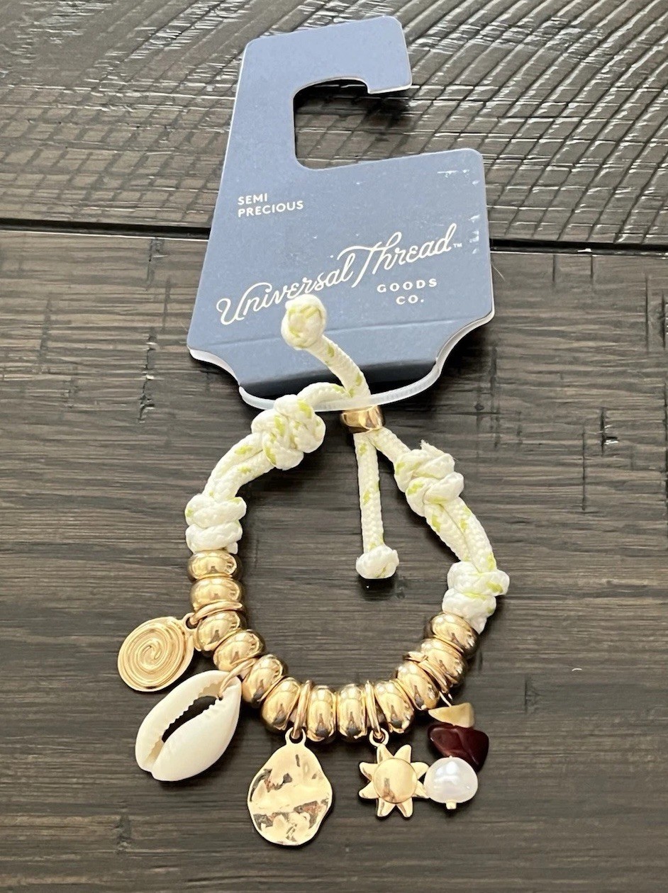 UNIVERSAL THREAD Semi Precious Beach Charm Gold Tone Cord Necklace Bracelet Set