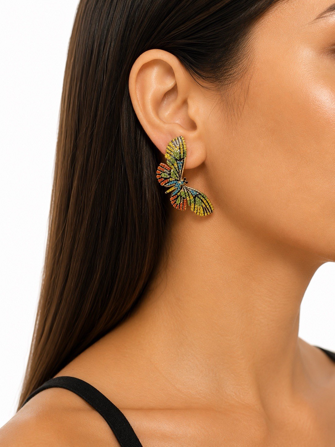 Multicolor Butterfly Wing Crystal Stud Earrings Rhinestone Nickel-Free