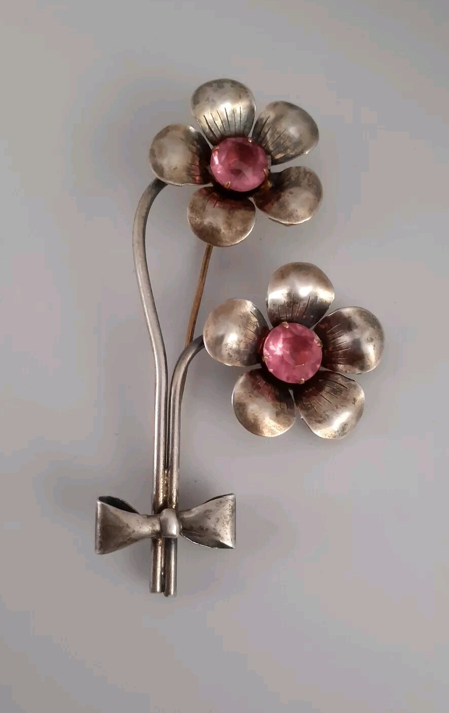 VTG Sterling Silver faint Gold wash Flowers & Bow pink stone prong set Brooch
