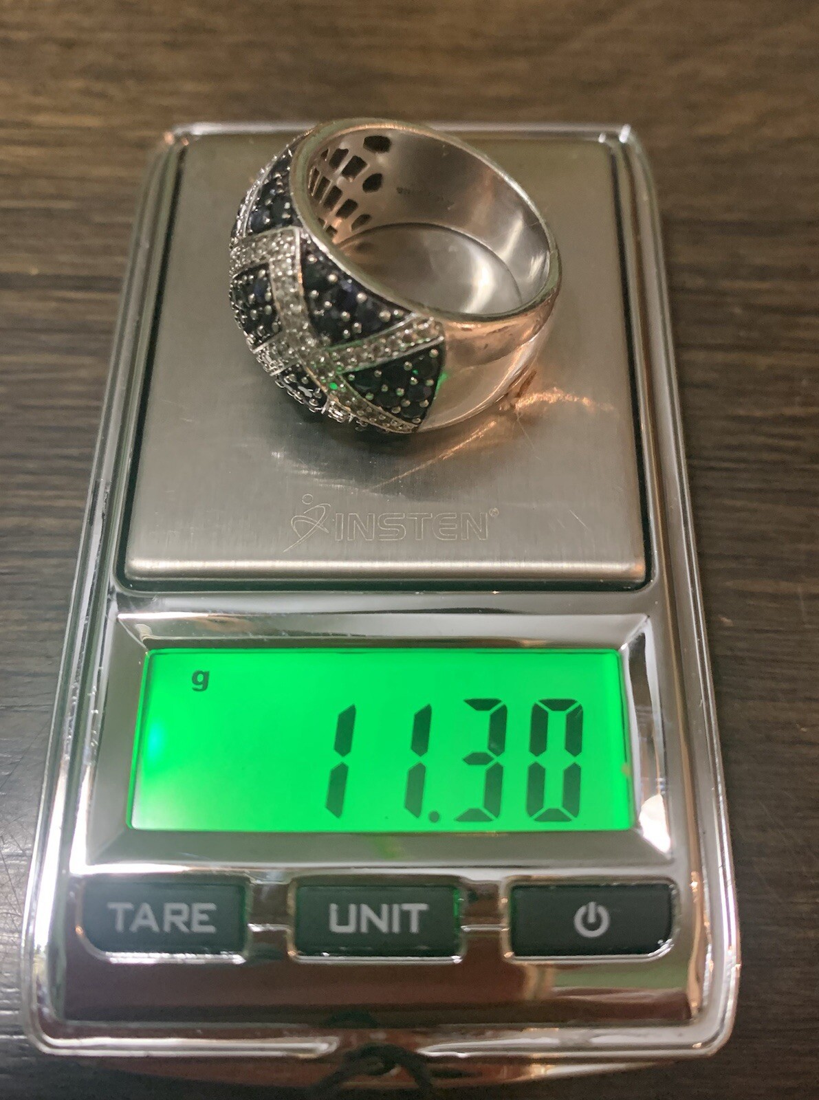 Sterling Silver Diamond & Sapphire Domed Wide Band Ring , Sz 7, 11.3 g.