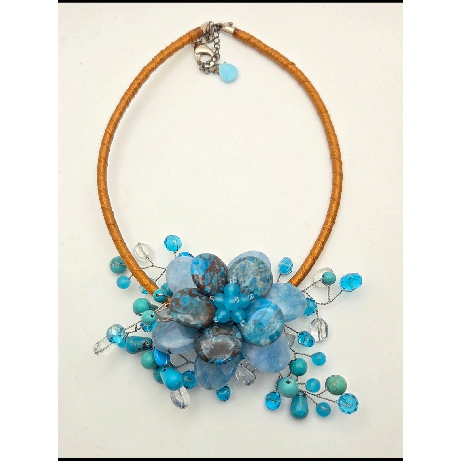 Chunky Blue Stone & Glass Statement Necklace Boho Wire Wrapped 18″
