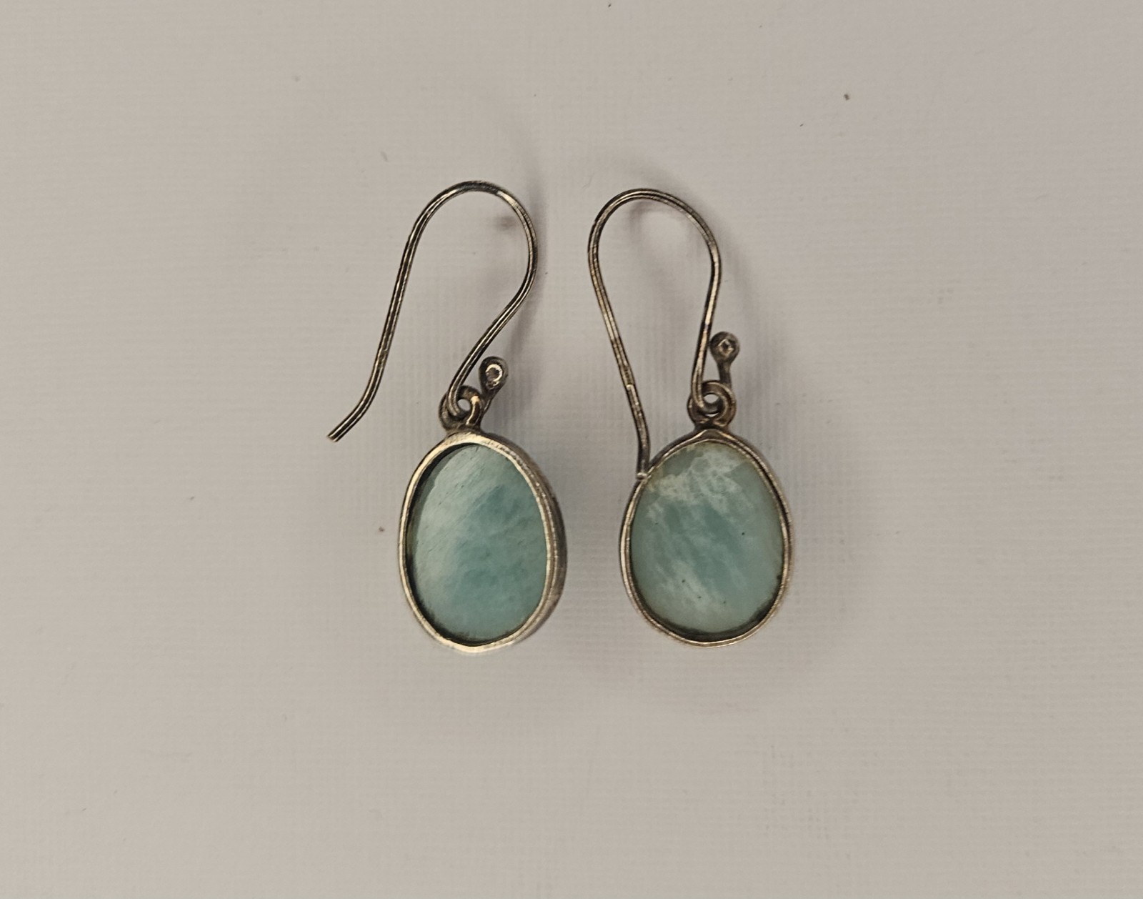 Silver Tone Blue Oval Stone Bezel Set Dangle/Drop Hook Earrings for Lobe