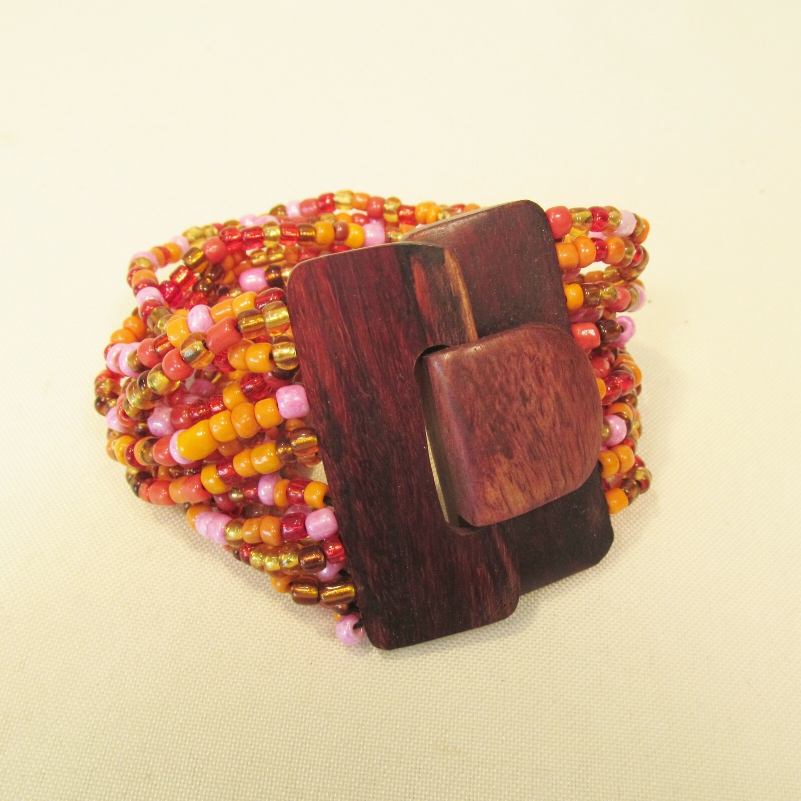 Orange Pink Gold Handmade Beaded Stretch Wood Buckle Seed Bead Bali Bracelet