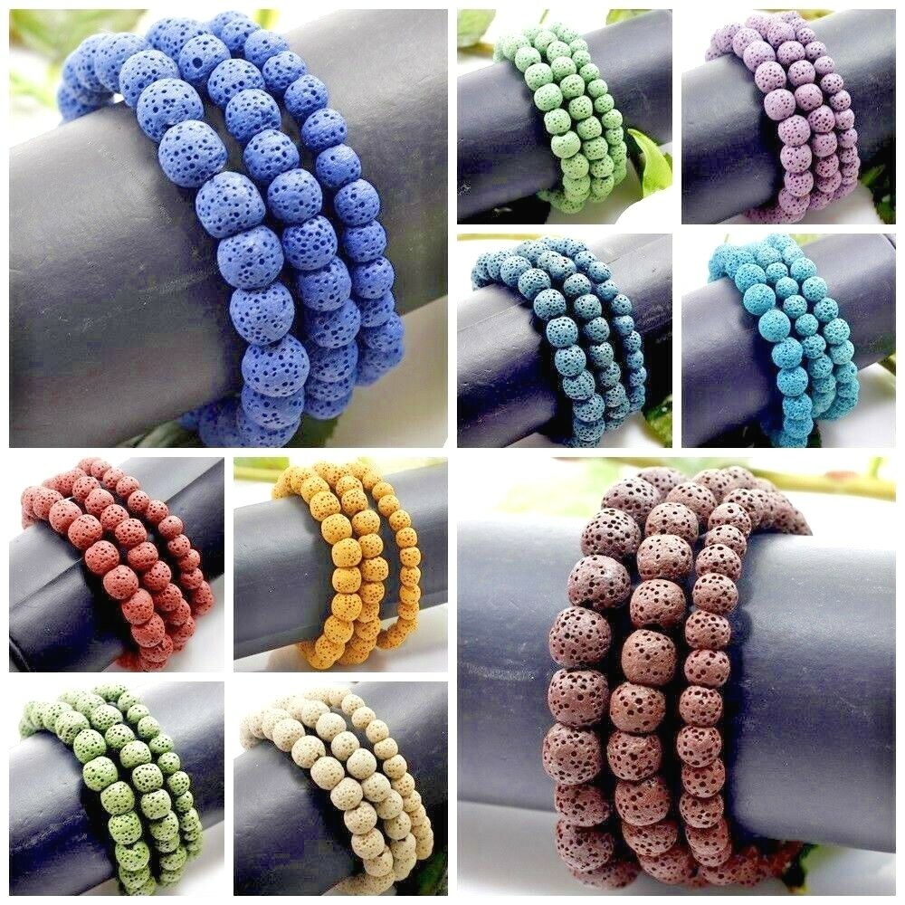 Men Lava Stretch Bracelet Round Bead Elastic 6mm 8mm 10mm Handmade 7.5″ black
