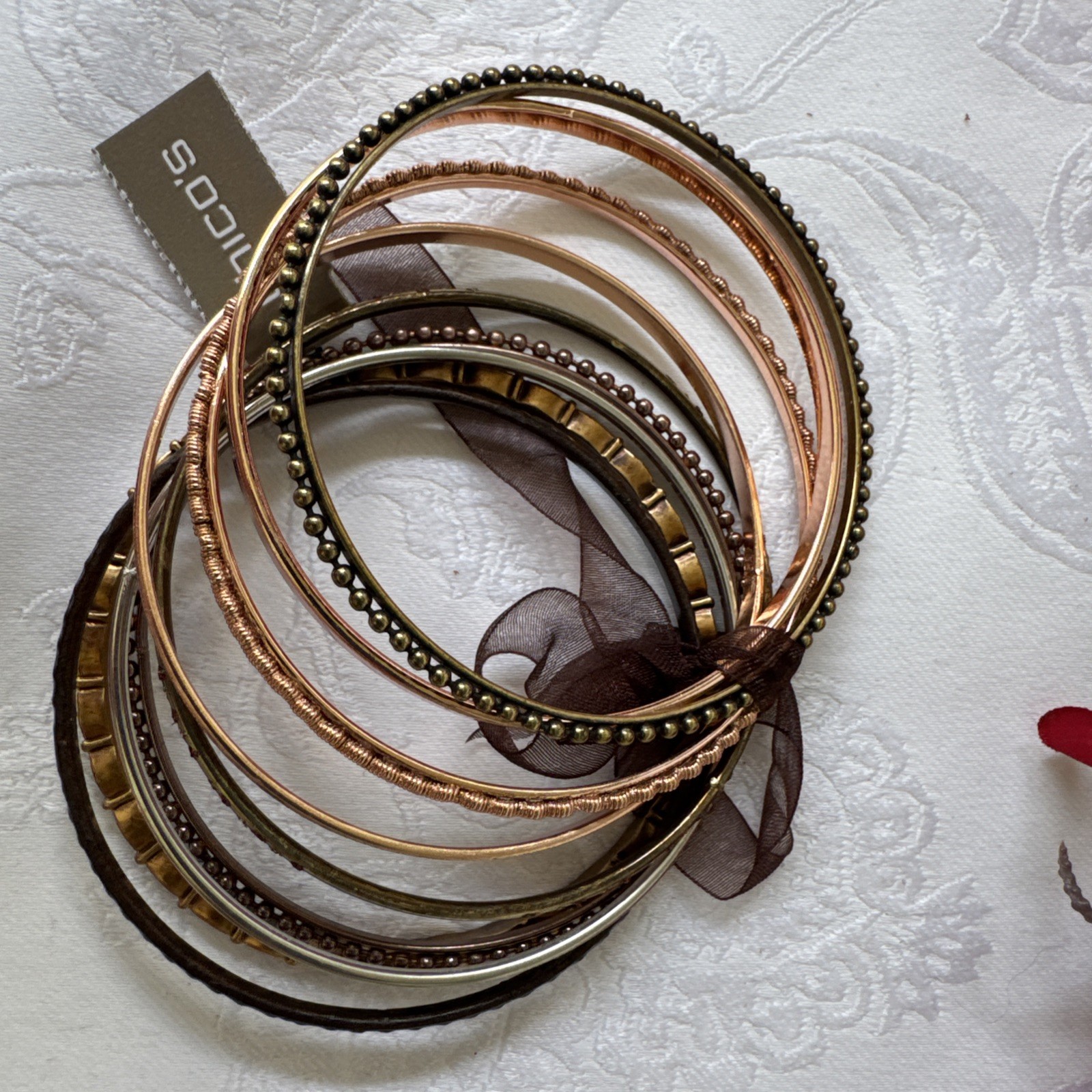 Chico’s Dark Gold Silver Brown Textured Thin Stacked 9 PC Bracelet Set Stack NWT