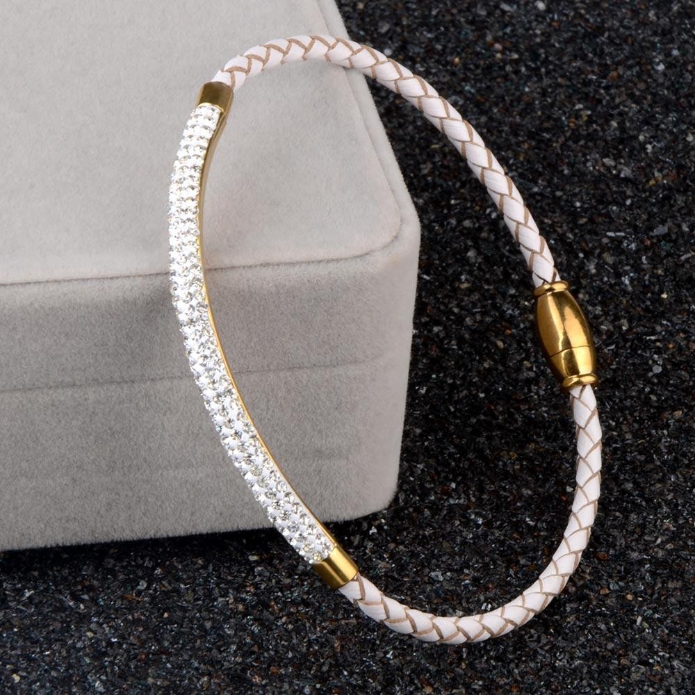 Stainless Steel Leather Bracelet Rhinestone Crystal Bangle with Magnetic Clasp