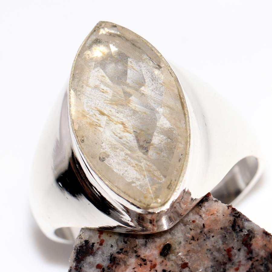 925 Silver Plated Man’S Cracked Crystal Quartz Fine Finish Ring US 9.5 Trendy MJ
