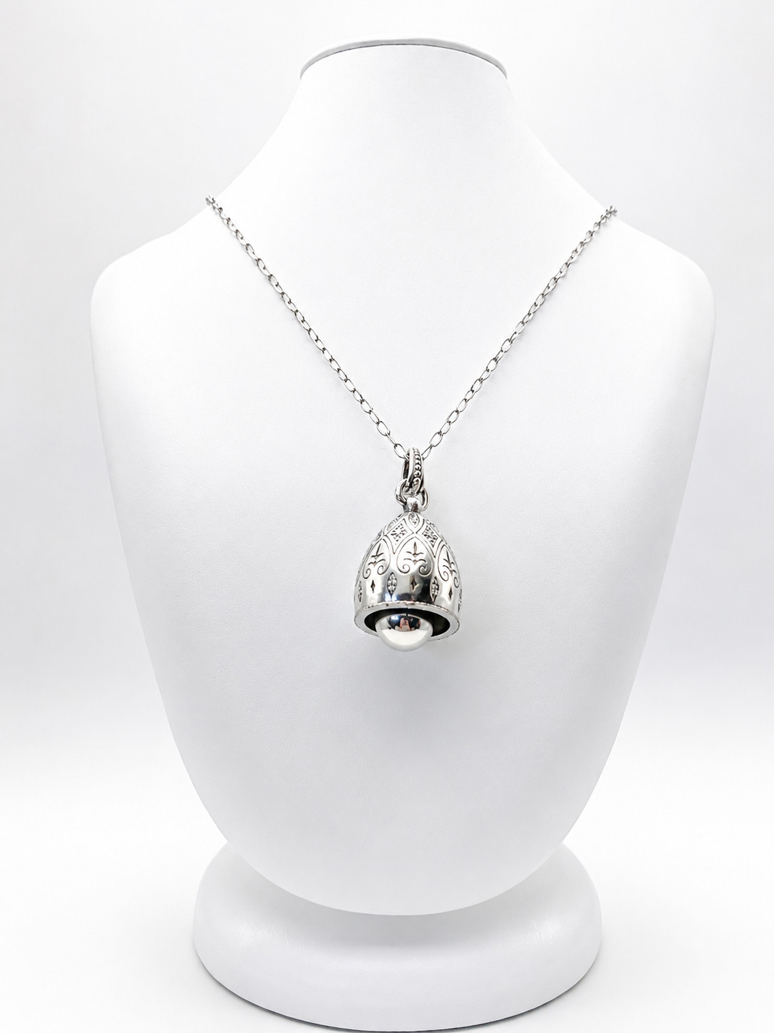 Brighton Necklace Silver Tone Bell Pendant Rhinestone Filigree Chain Statement