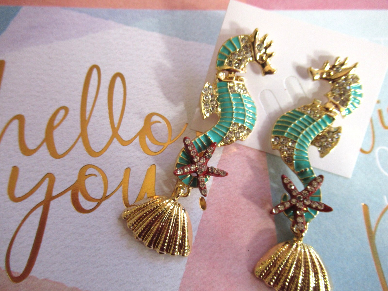 Dangling Multicolor Seahorse Starfish Shells Green Seahorse Crystal Earrings NWT