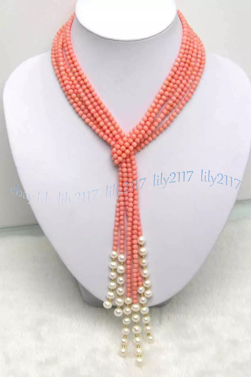 Beauty 3 Strands Natural 4mm Pink Coral White Freshwater Pearl Necklace 50 inch