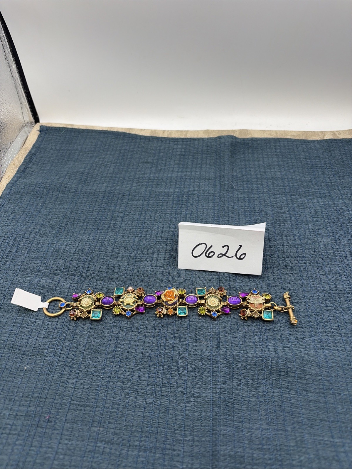 Vintage Multicolored Gemstone Tennis Bracelet Gold Tone 7.5 Inches