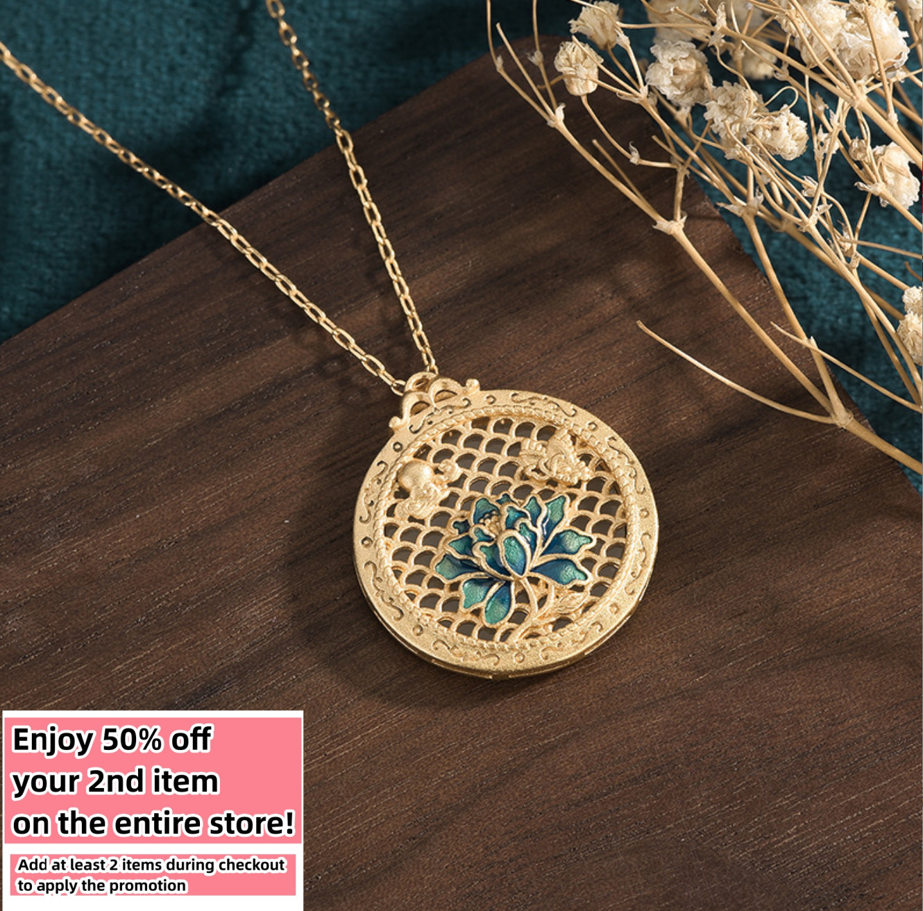 Jade Carved Pendant Necklace Charm 18K Gold Plated Chain Flower Dainty Gemstone