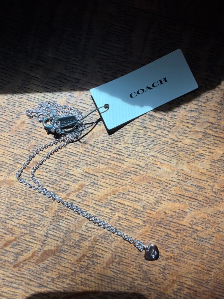 NWT Coach Signature C Pendant Heart Charm Necklace Silver Tone Rhinestone