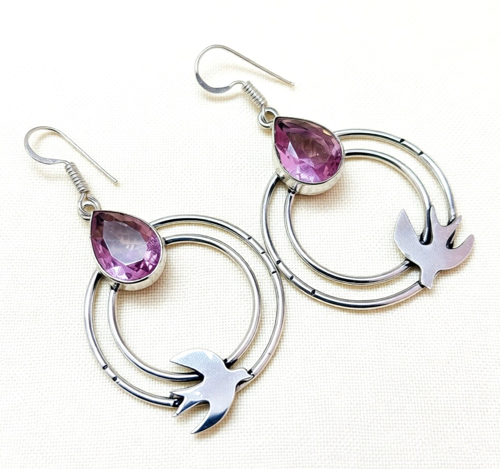 Pink Kunzite Gemstone 925 Sterling Silver Handmade Ethnic Jewelry Earrings 1.80″