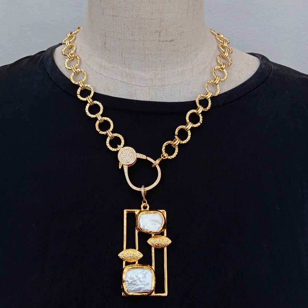 Cultured White Pearl Rectangle Pendant Gold Plated Chain Necklace Jewelry