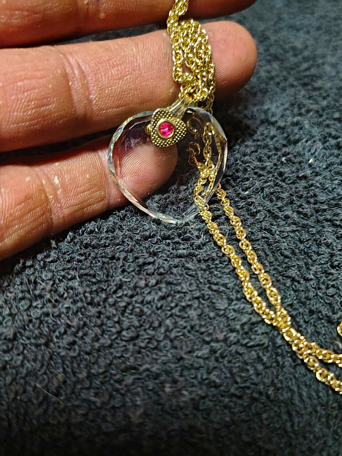 Gold Tone Metal Rope Chain Necklace, Clear Round Charm Pendant, Spring Ring
