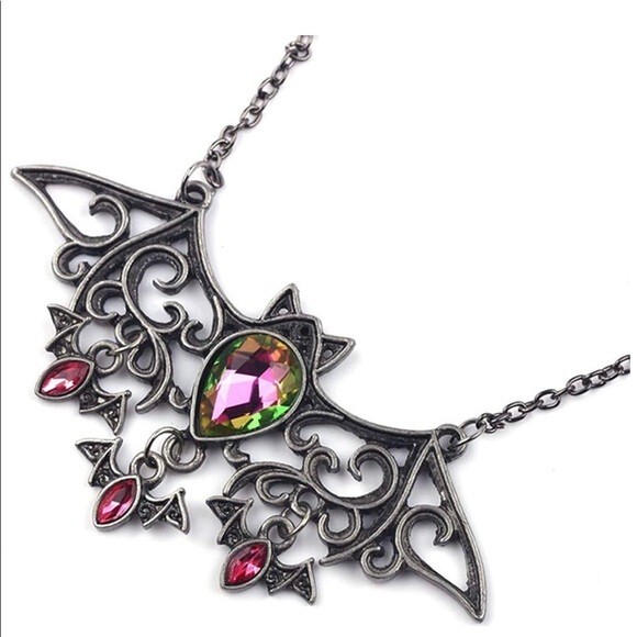 Gothic Bat Pendant Necklace, Mother with Baby Bats, Halloween Vampire, Crystals