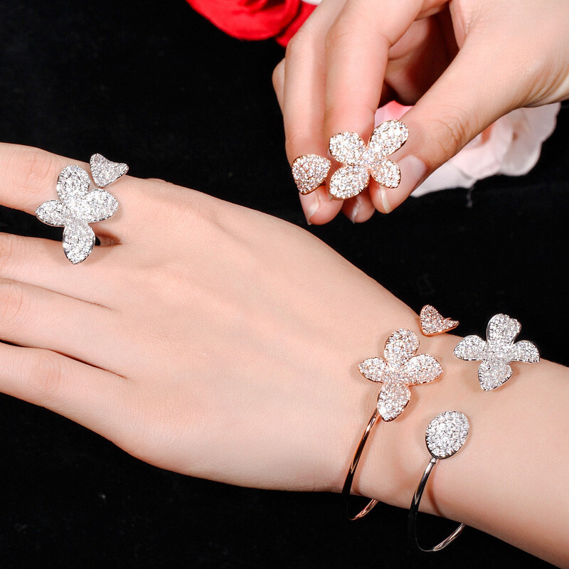 Rose Gold Plated Flower Cuff Bangle Bracelet and Ring Women CZ Party Jewelry Set