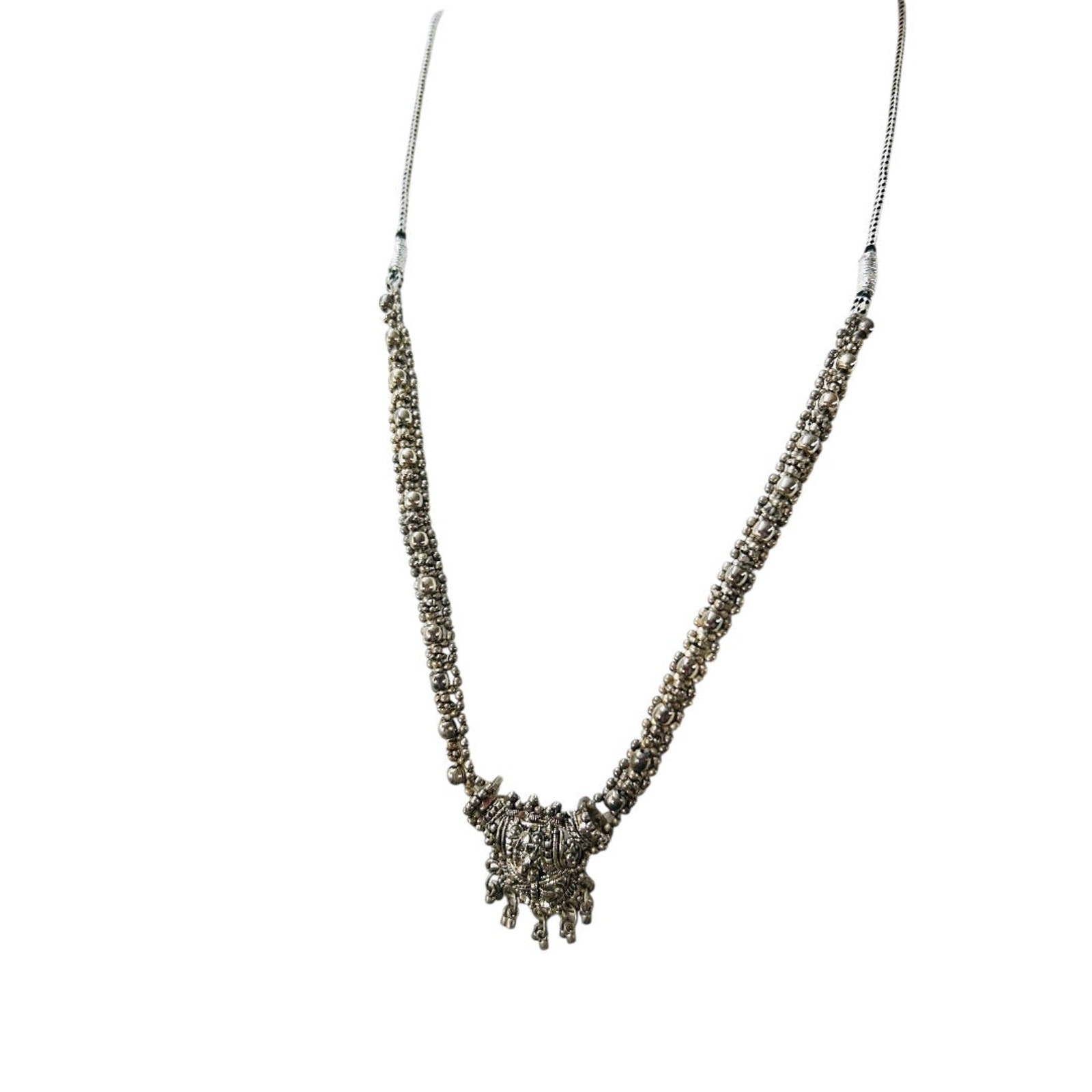 Slide Adjustable Overhead Silvertone Necklace Intricate Beading