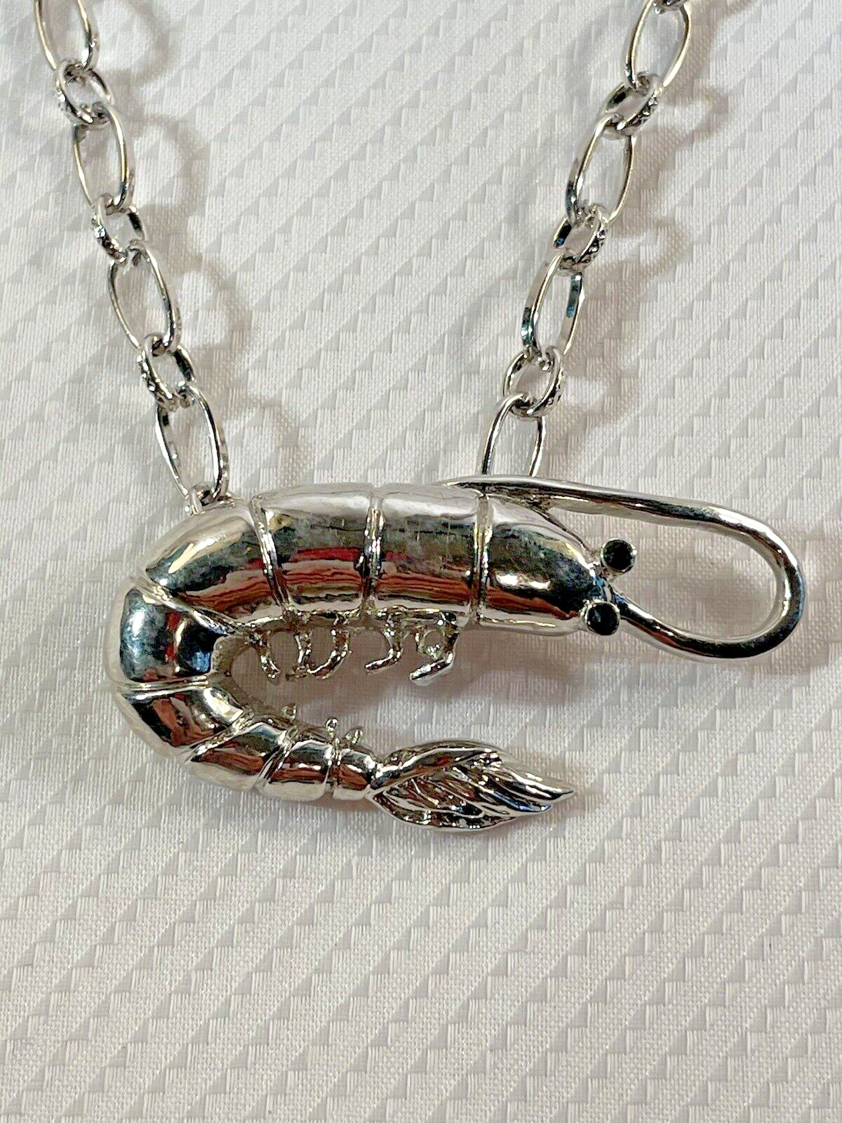 Shrimp Silver Long Necklace Stainless 30” Chain Coastal Sea Life Jewelry NEW