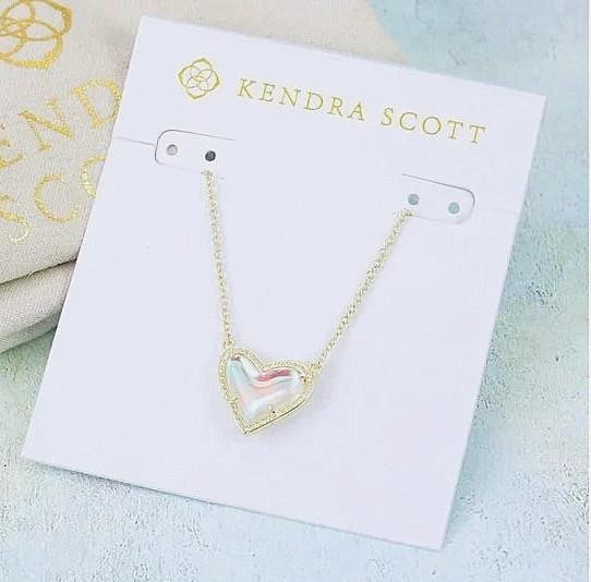 Kendra Scott Ari Heart 14K Gold plated Dichroic Glass Necklace Pendant new clear
