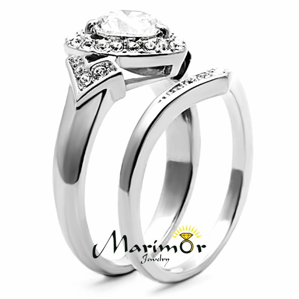 2.75 Ct Round Cut CZ Halo Heart Stainless Steel Wedding Ring Set Women’s Sz 5-11