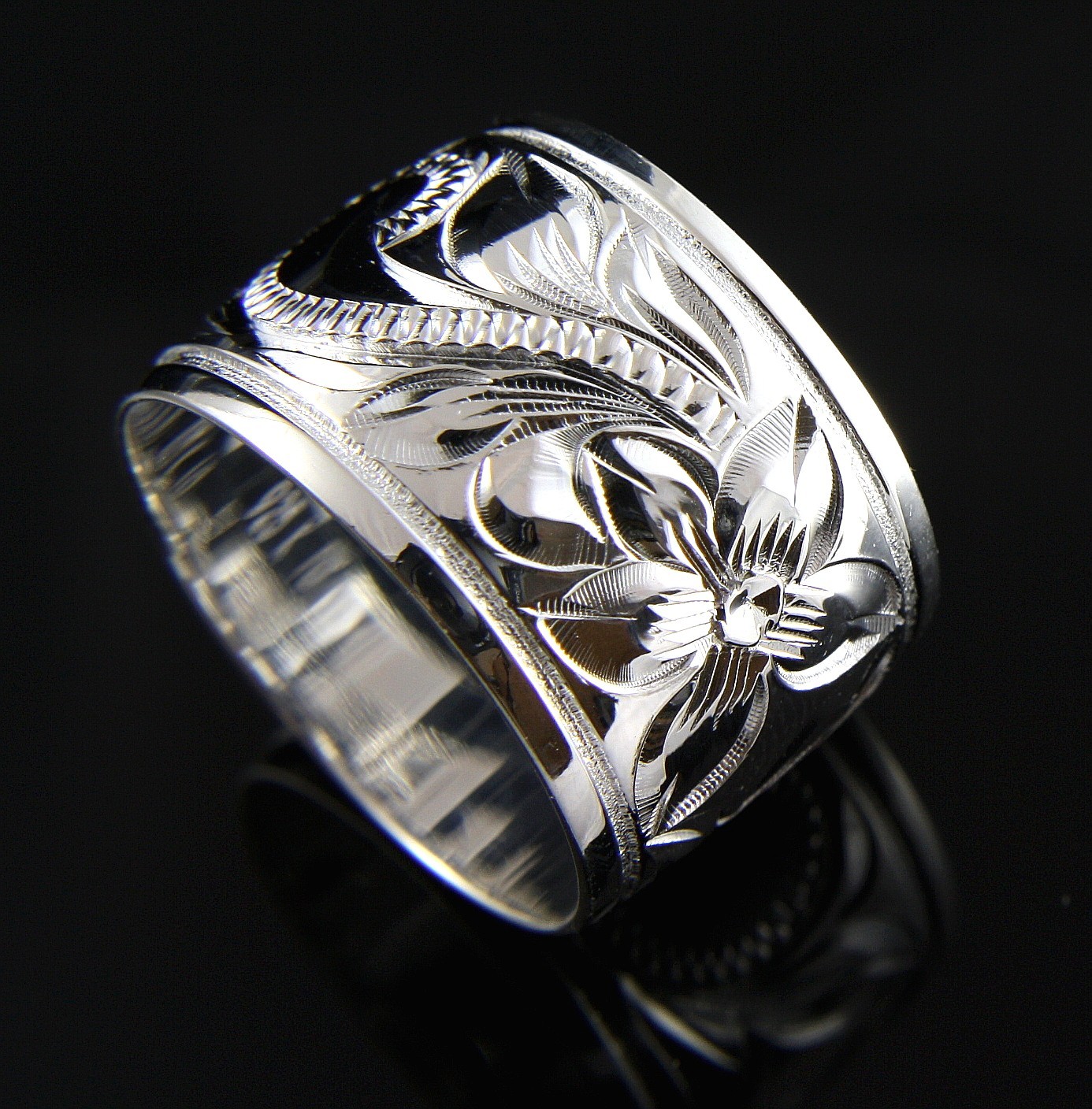 925 STERLING SILVER 15MM HAWAIIAN PLUMERIA FLOWER SCROLL SMOOTH EDGE RING