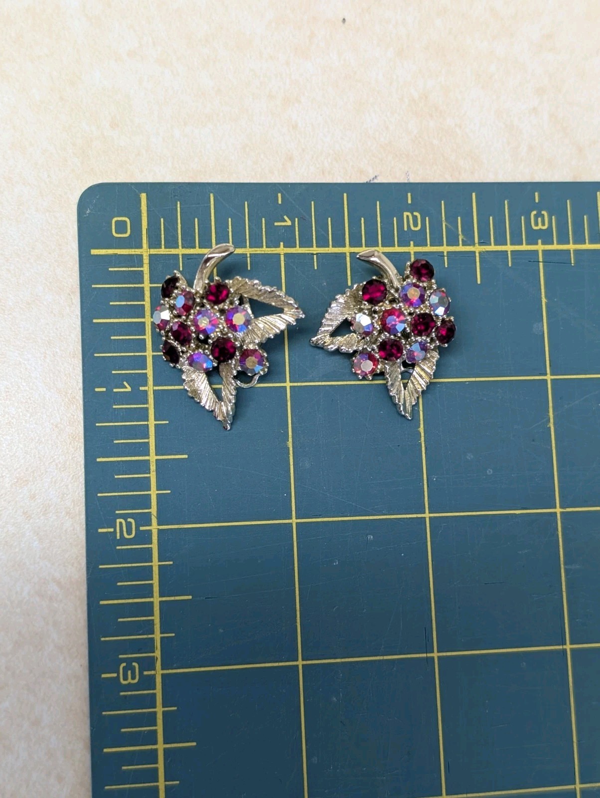Vintage Red & Silver metal Berry Leaf Cluster Red & Aurora Borealis AB Earrings