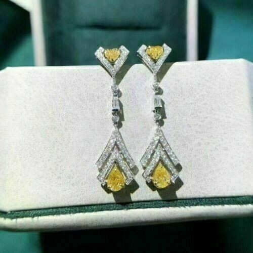 Pear Cut Simulated Yellow Sapphire Drop/Dangle Earrings In 14k White Gold Plated
