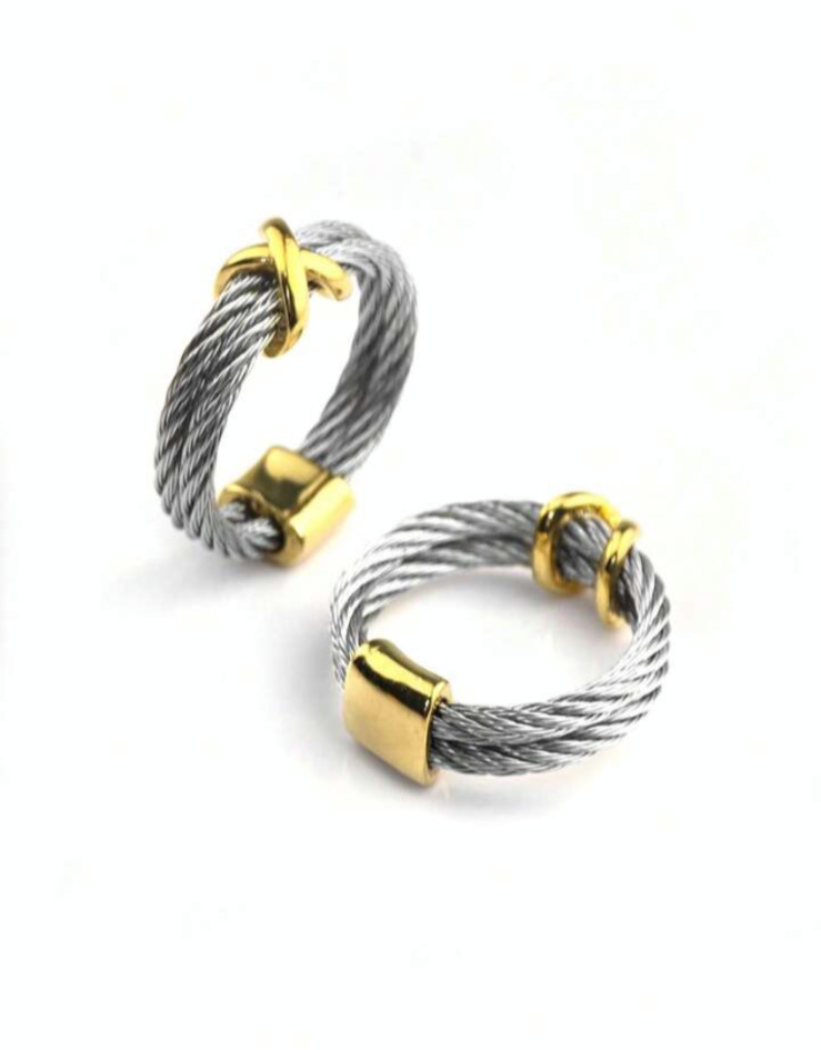 Contemporary Stainless Steel Cable Ring Gold Crisscross Accent