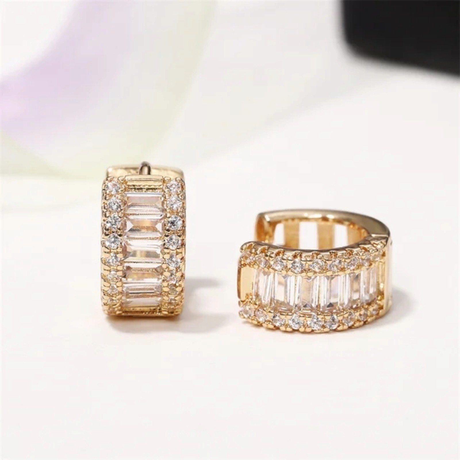 14K Yellow Gold Plated Baguette Cut Simulated Diamond Women’s Hoop Fancy Earring