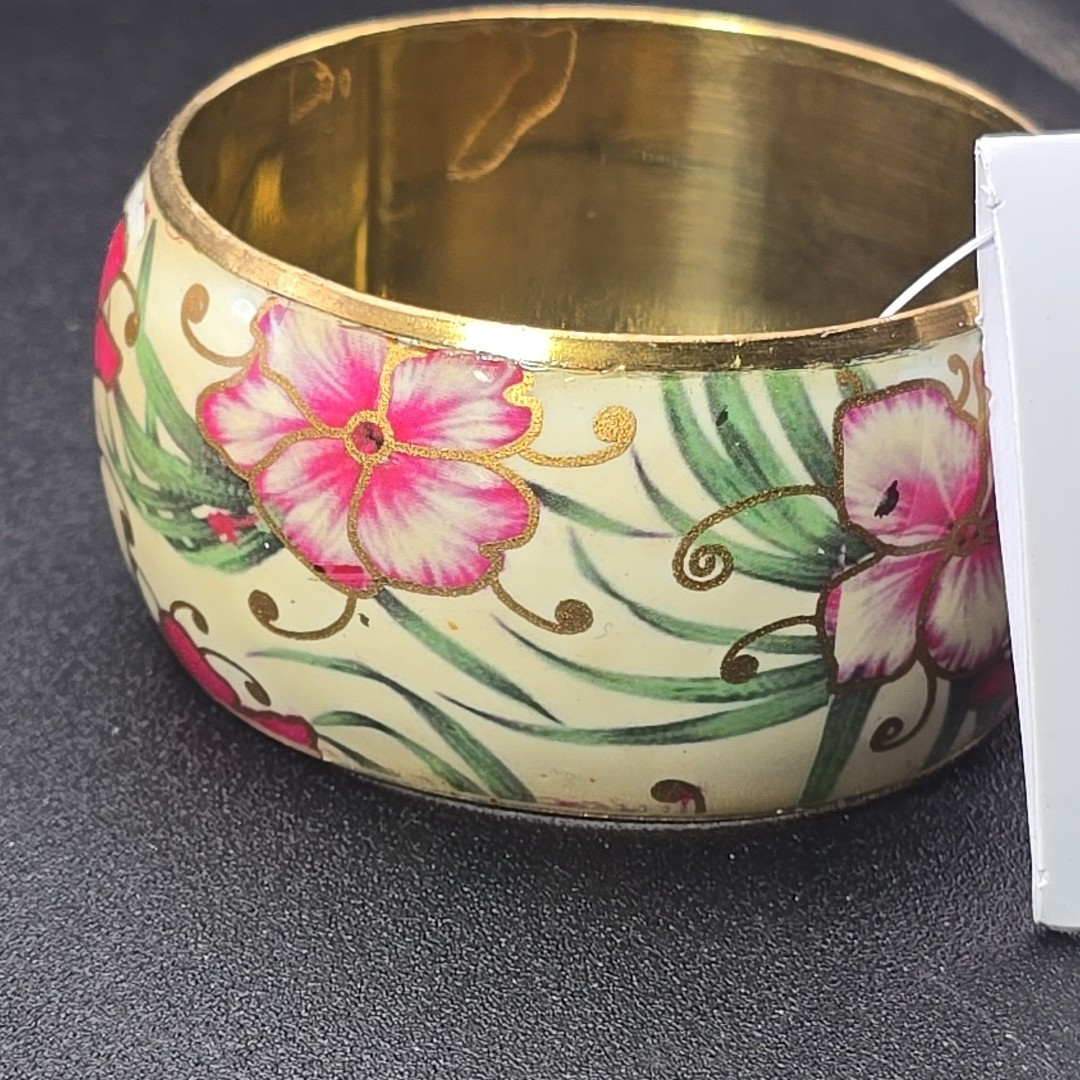 India Chunky Bangle Bracelet Cream Pink Green 2.5″ Diameter Floral Fantasia New
