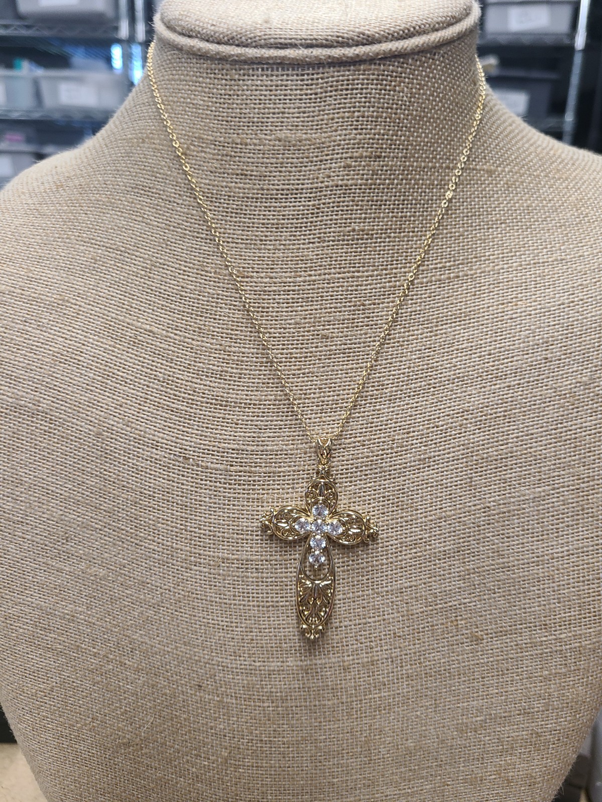 White Lab Created Sapphire 18k Yellow Gold Over Brass Cross Pendant With Chain 1