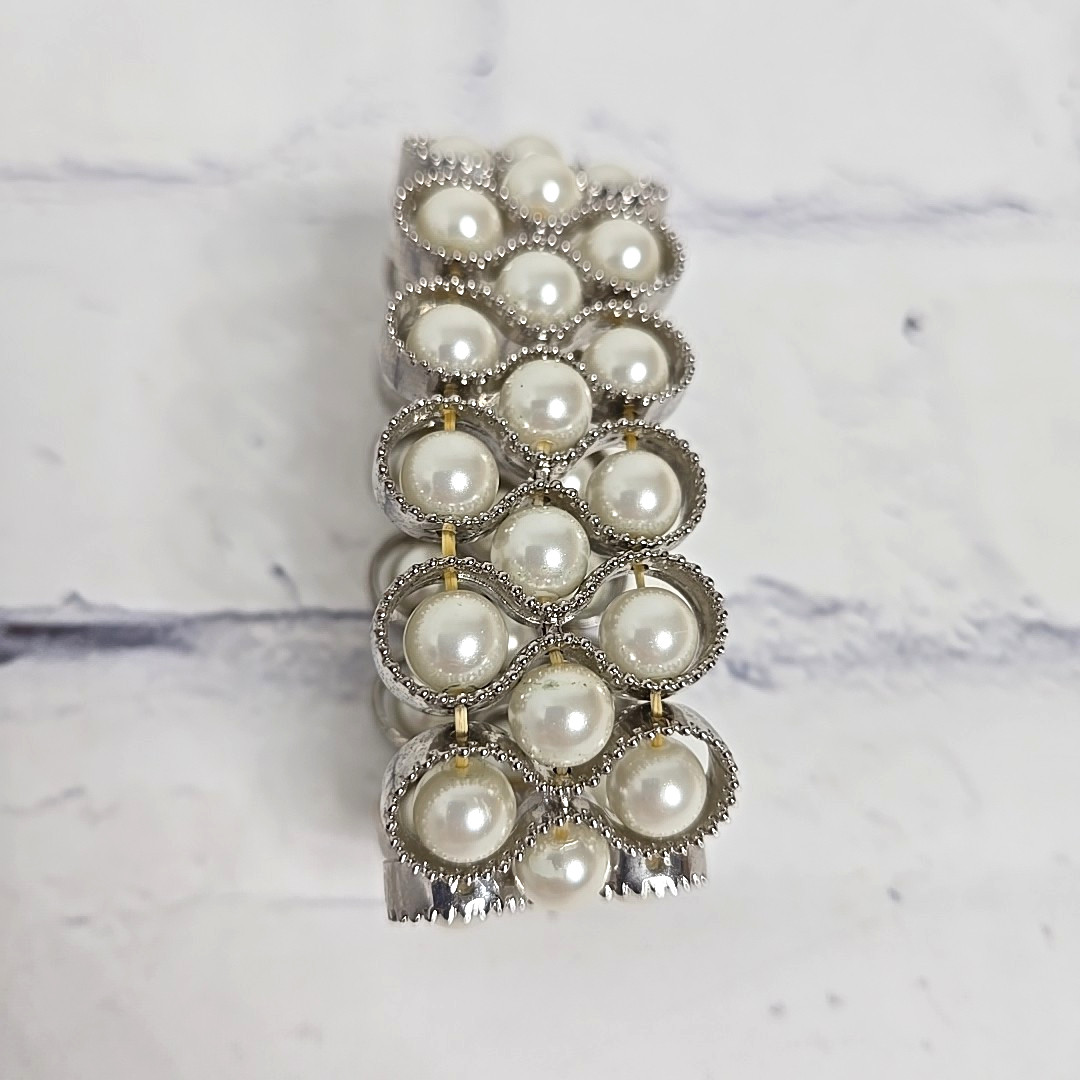 Faux Pearl Bracelet Silver 3 Strand Stretchy Wedding Formal Casual Jewelry New