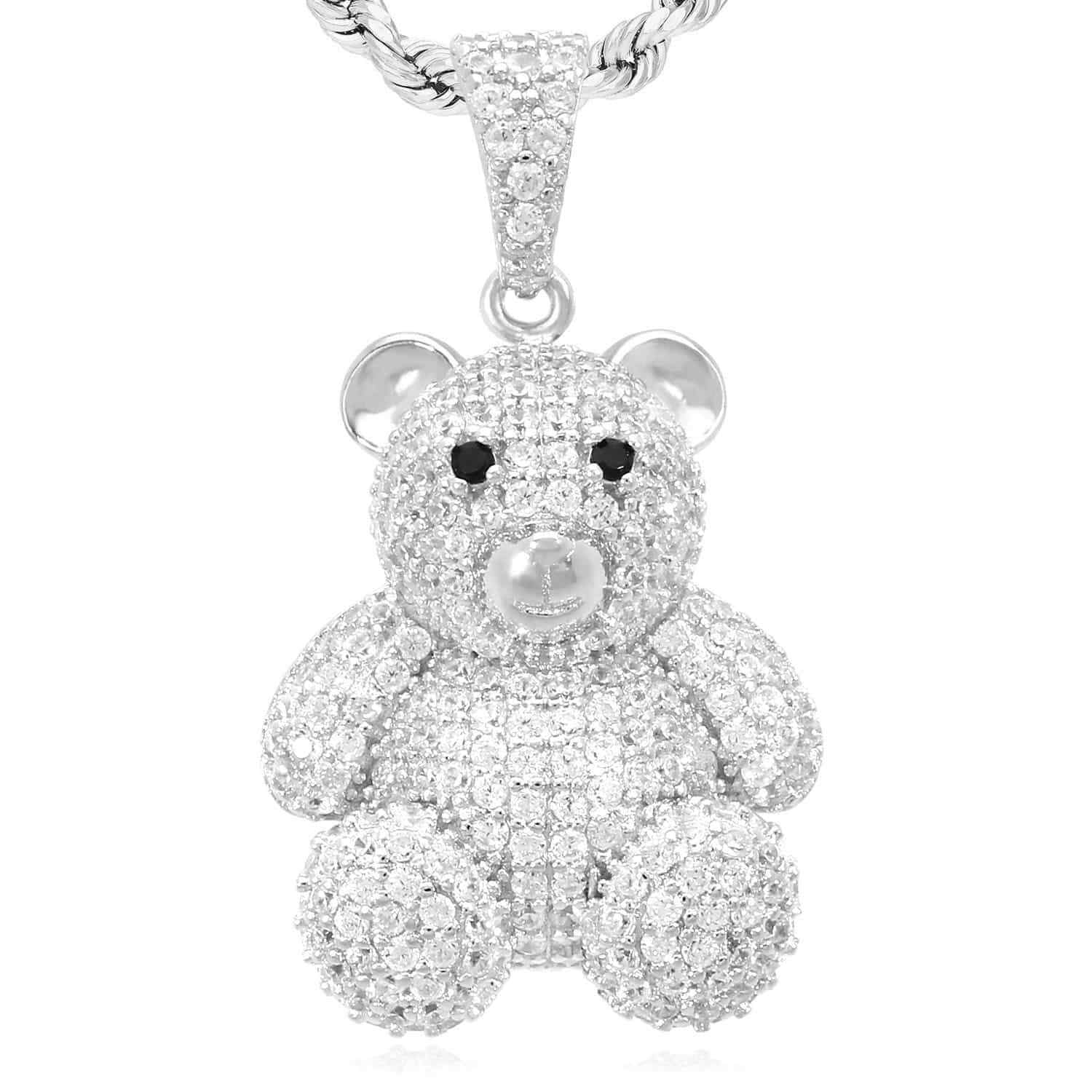 Gold Over Sterling Silver Simulated Diamond Pave Puffed Teddy Bear Pendant 1.1″