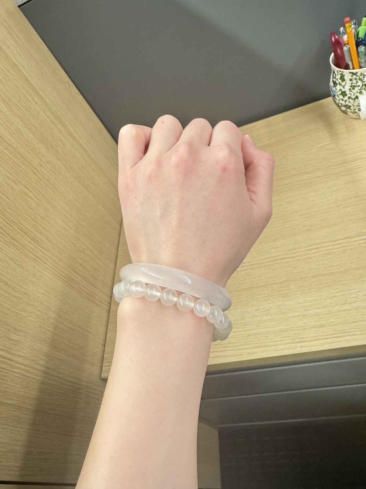 Old Money Style Natural White Jade Bangle & Beaded Bracelet Set – 53mm
