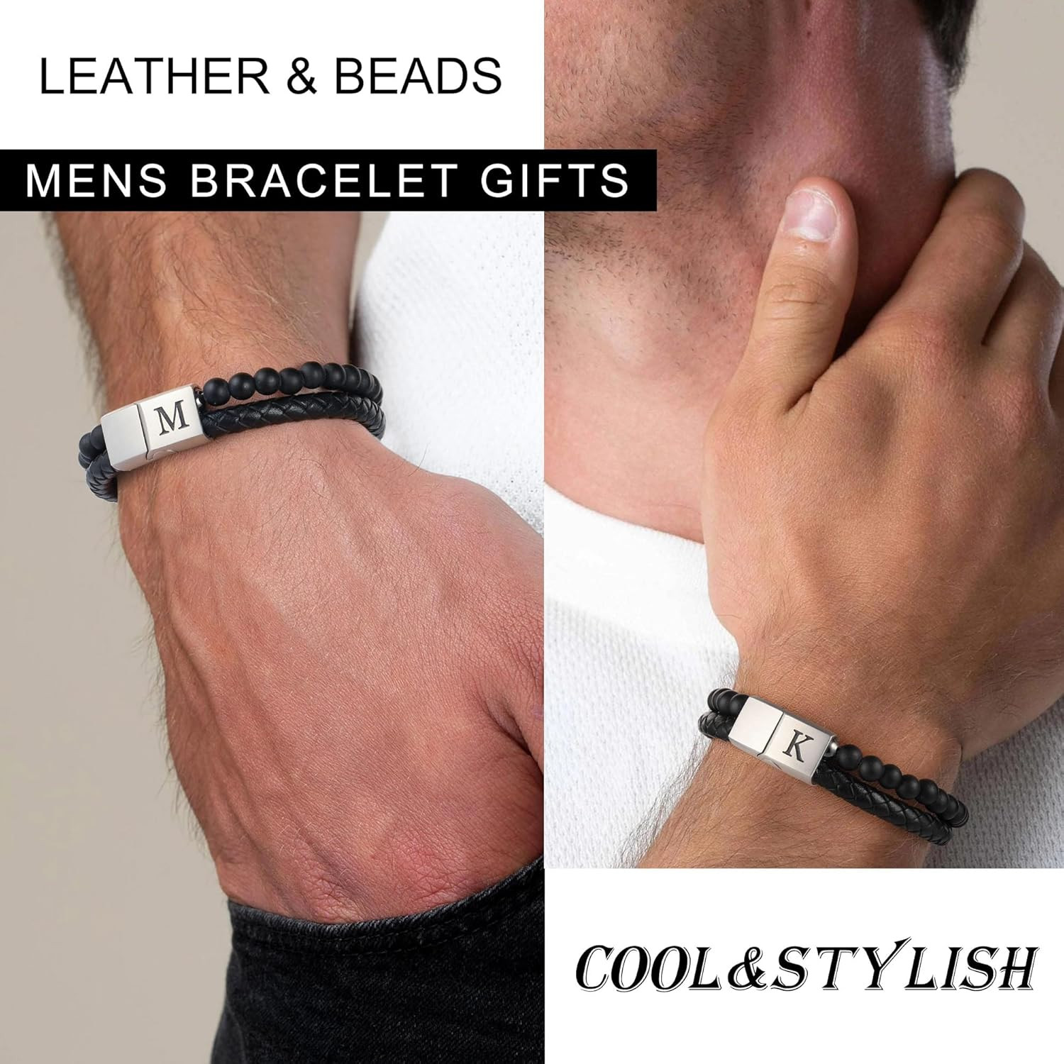 Pulsera de cuero con cuentas y inicial de 6 mm