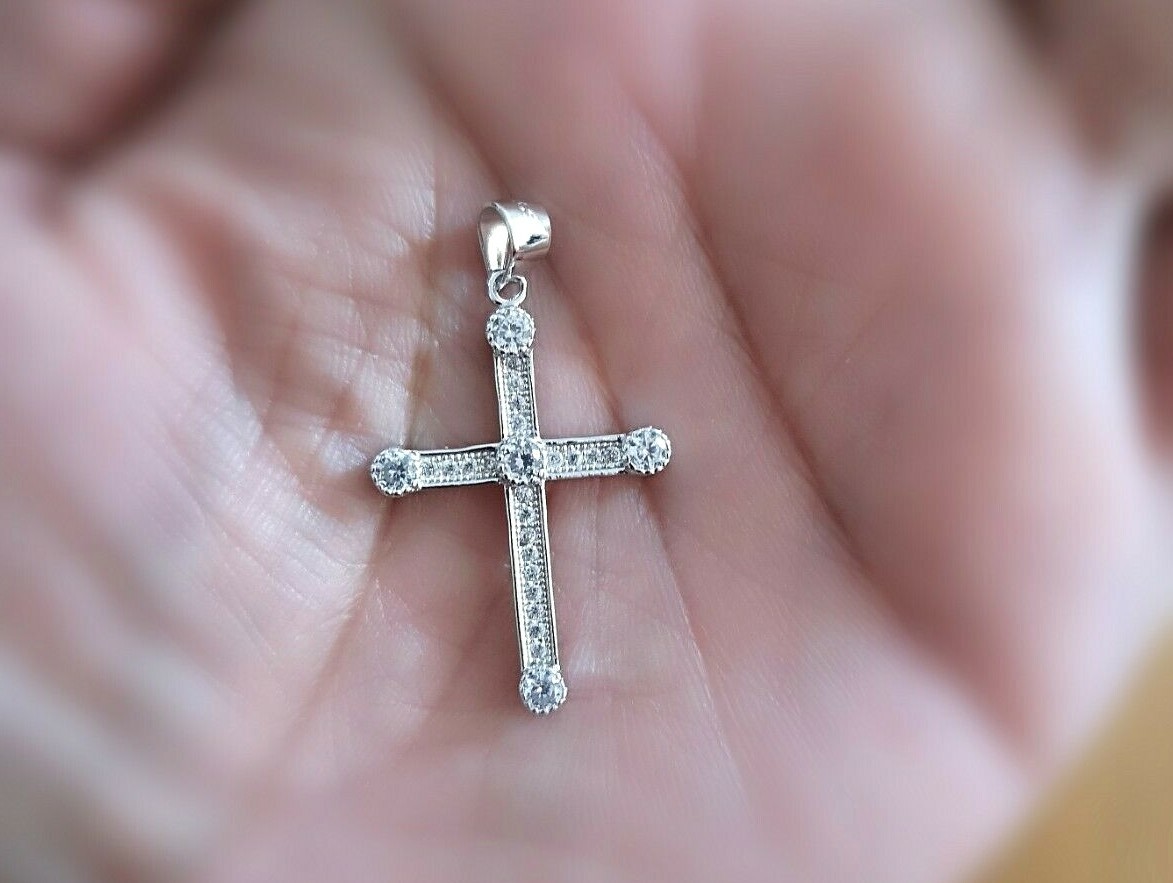 1Ct Diamond Cross Pendant Womens Mens Necklace Solid Silver 14K White Gold over
