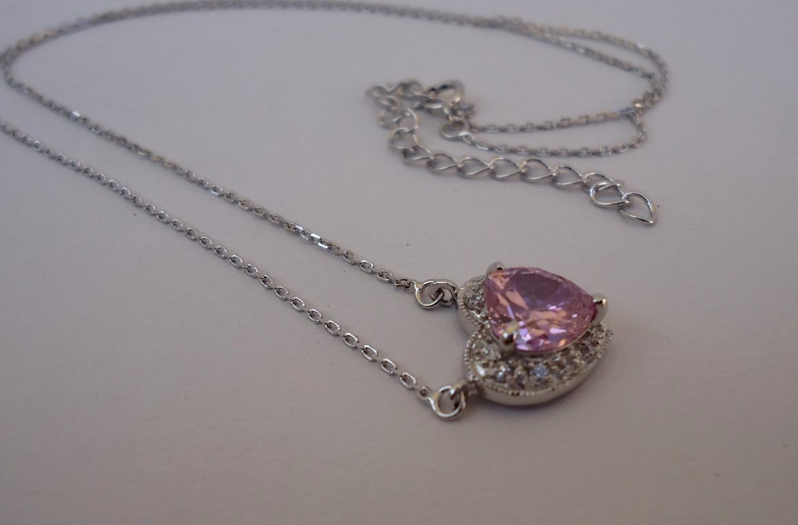 STERLING SILVER HEART NECKLACE PENDANT 3.50 CT PINK /WHITE LAB CREATED DIAMOND