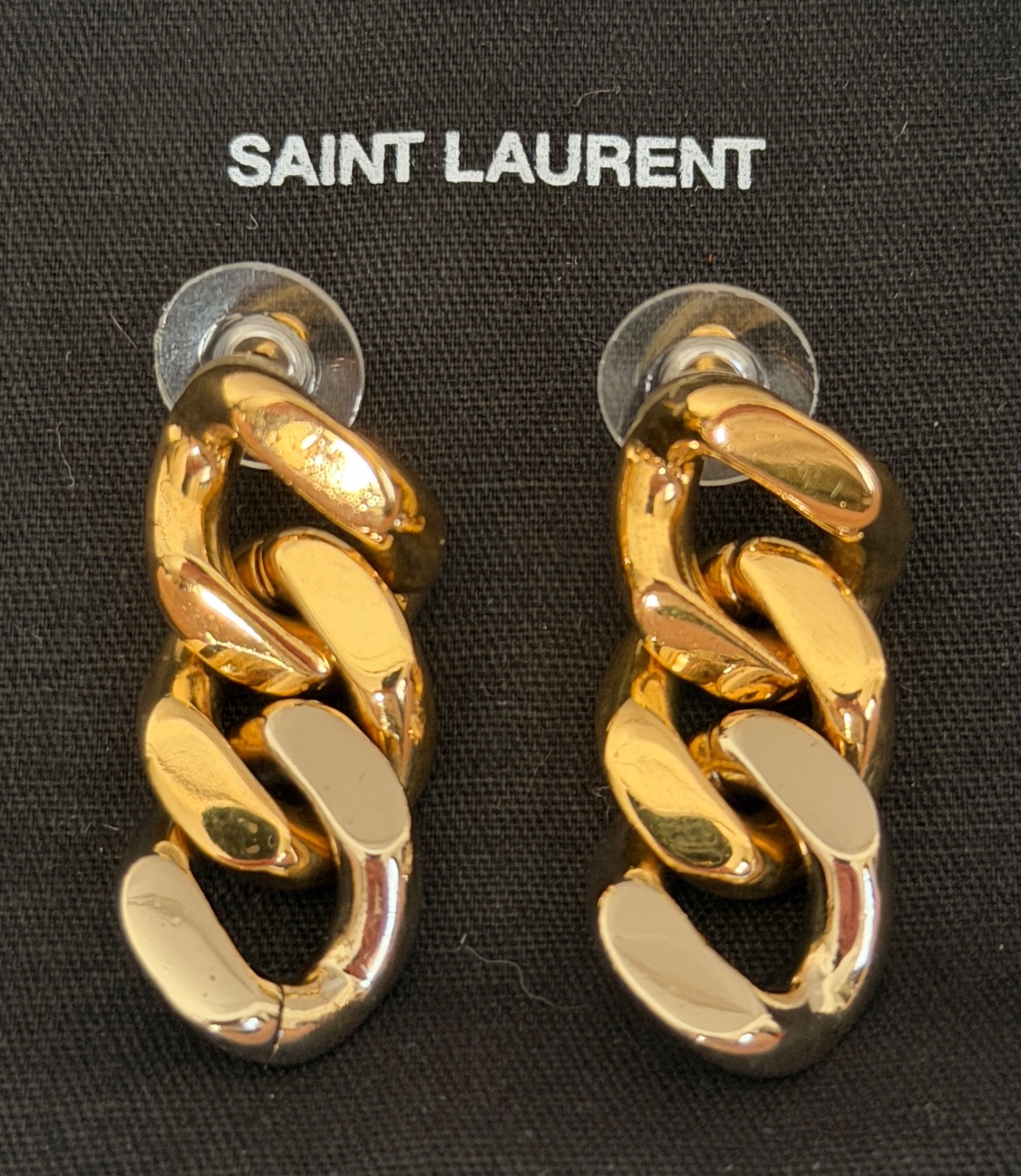 NIB Saint Laurent YSL Triple Curb Chain Link Antique Gold Drop Earrings $795