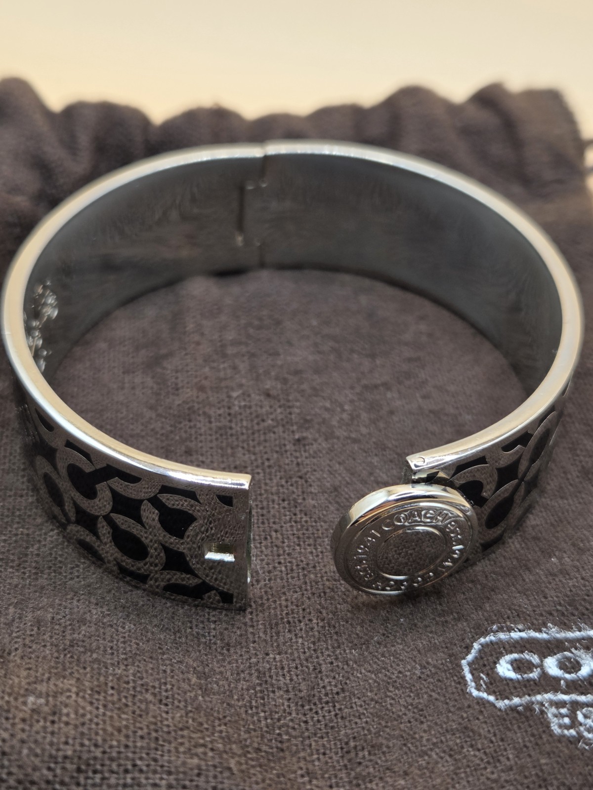 Coach Silver Tone Black Enamel Signature C Logo Cuff Bangle Bracelet Signed