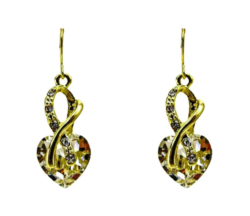 Clear crystal heart earrings in an aurora borealis finish gold wrap front New