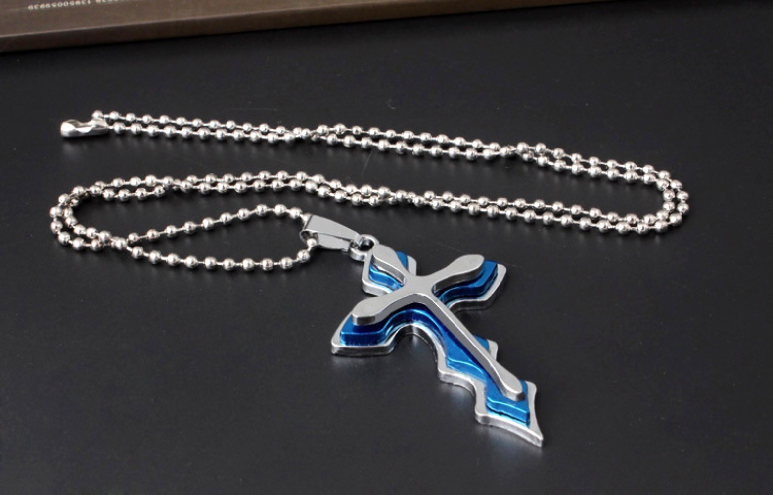 Men Blue Black Gold Stainless Steel Three-layer wave Cross Pendant Necklace Gift